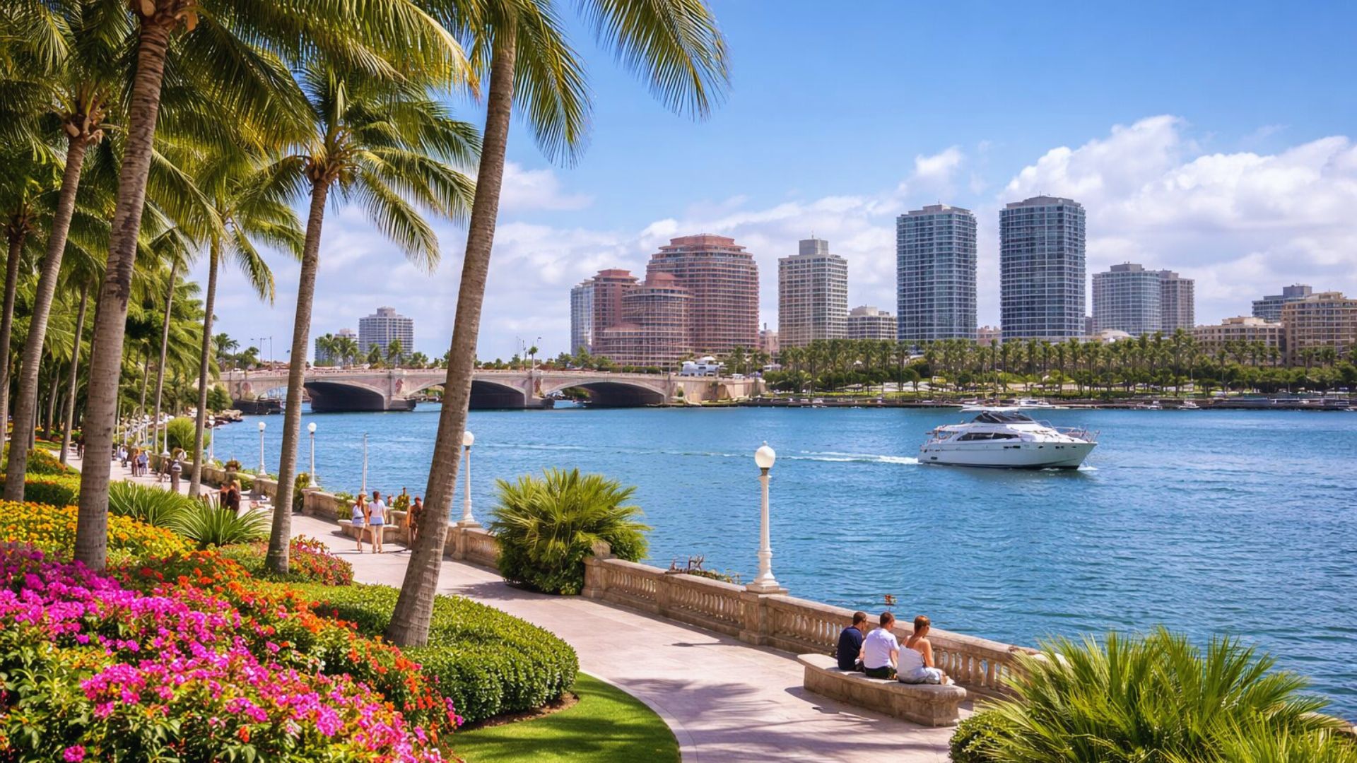 Lush Miami Beach scene featuring numerous palm trees and a bridge against a sunny Florida sky.