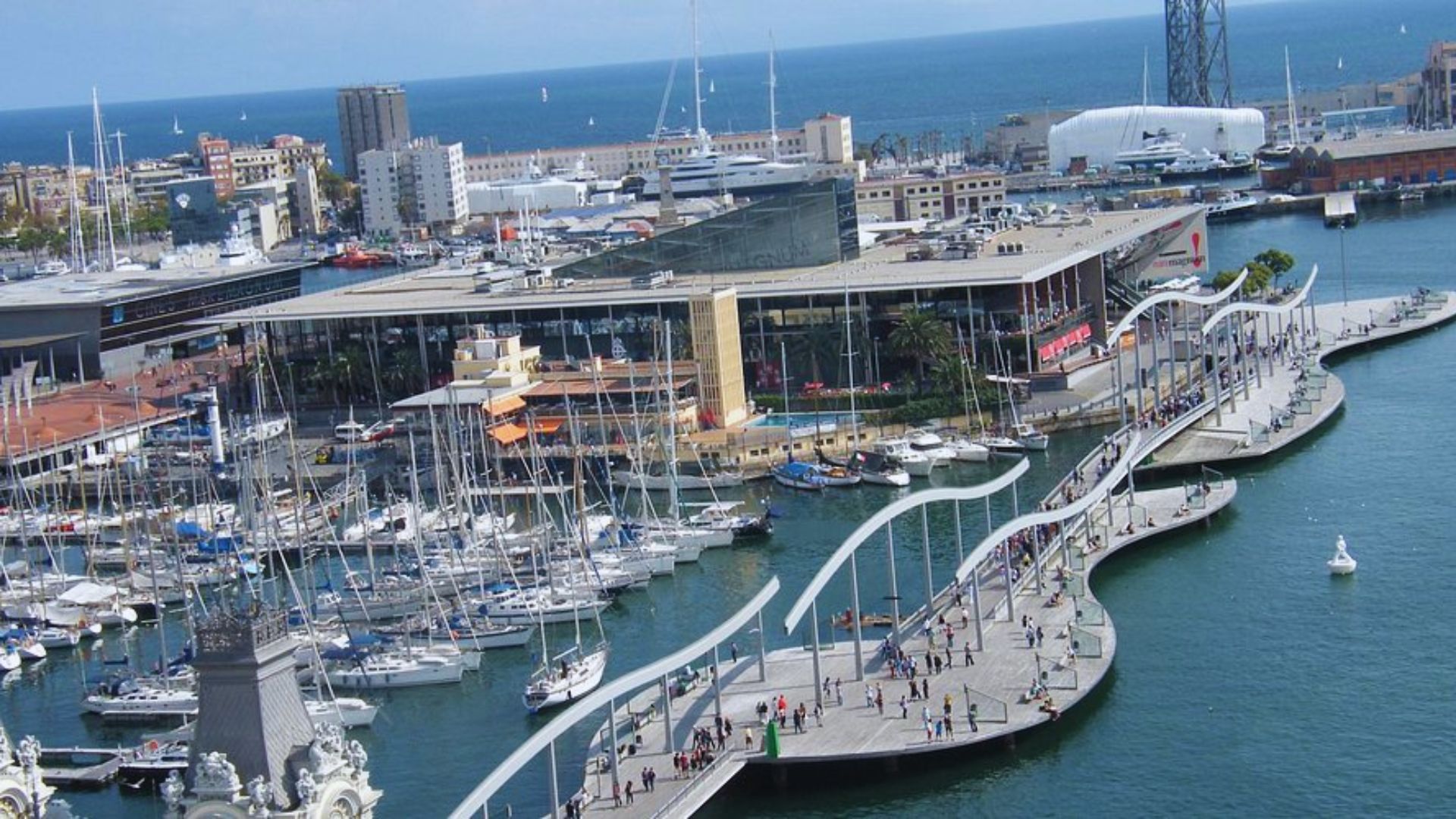 Aerial view of a bustling marina with numerous sailboats docked. A curving pedestrian bridge leads to a large waterfront building. The ocean and cityscape form the background under a clear blue sky, conveying a vibrant, lively atmosphere.