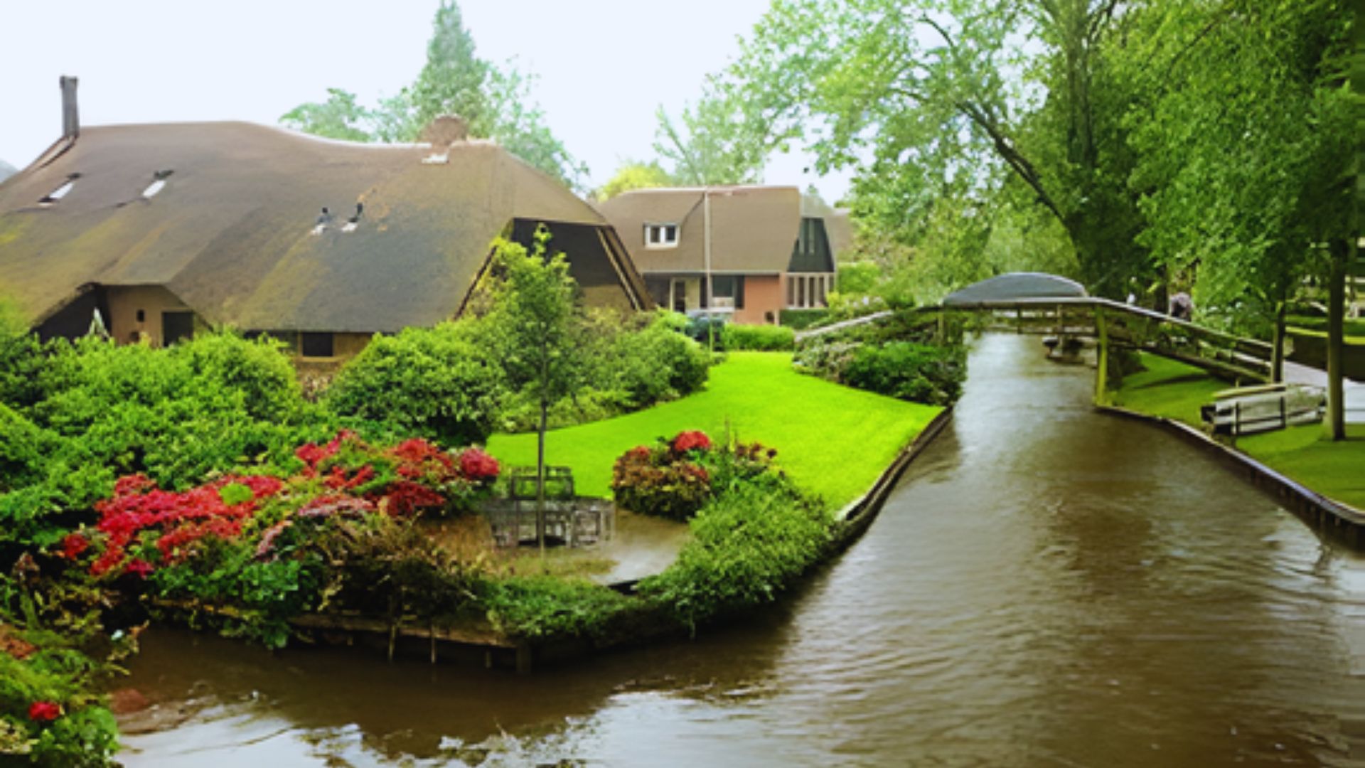 A serene canal bordered by vibrant greenery and bright flowers, leading to rustic houses with thatched roofs. A small bridge arches over the water.