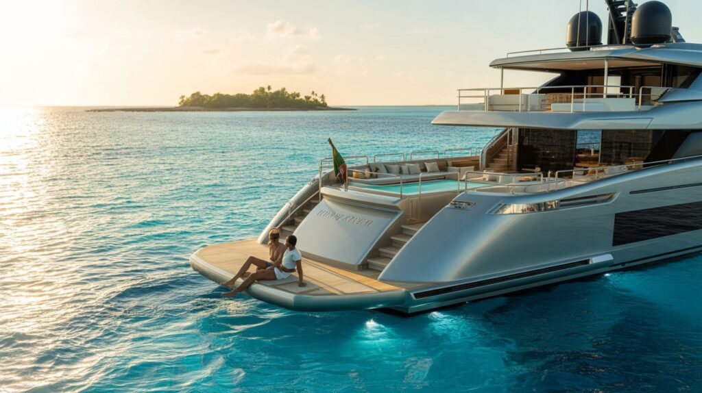 A luxury yacht glides through the ocean, showcasing its elegant design against the serene blue waters.