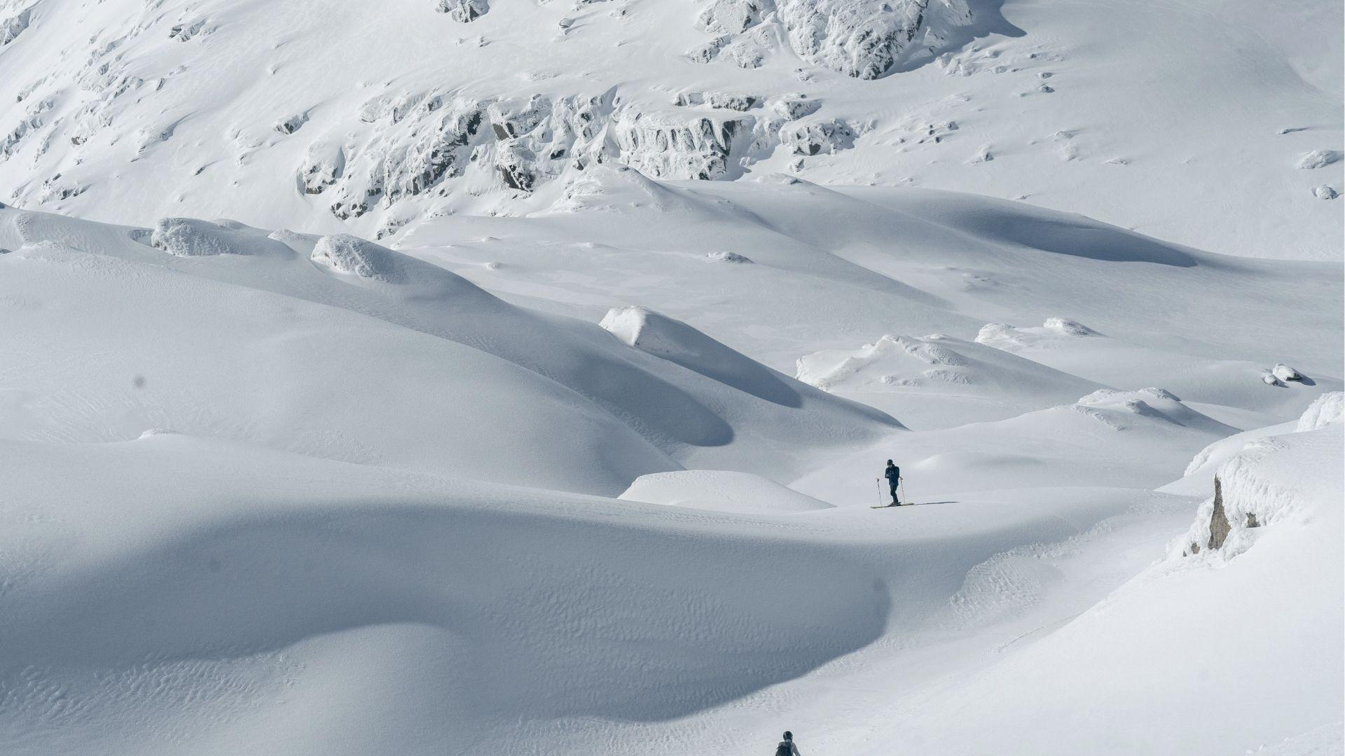 Backcountry ski across untouched powder fields, carve fresh tracks with wide mountain views.