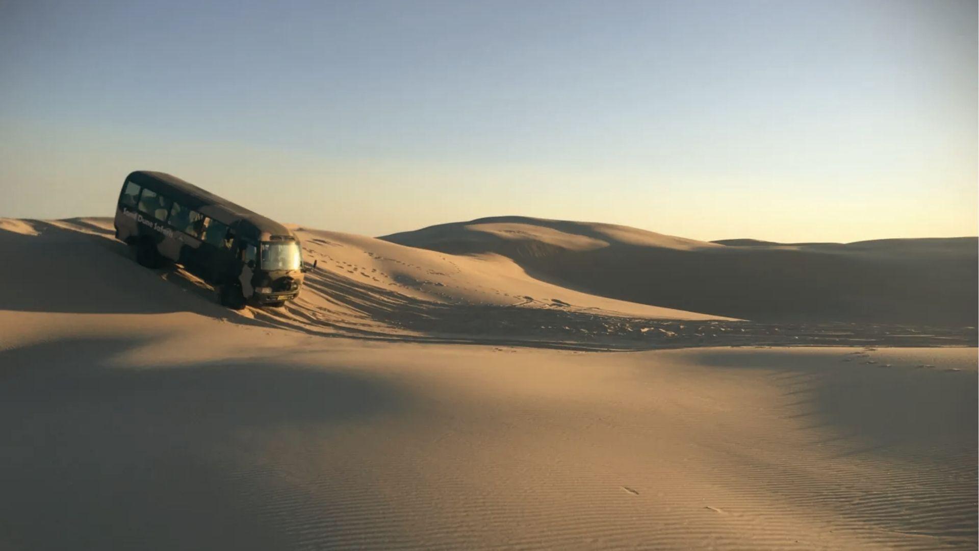Ride a safari bus up giant sand dunes at sunset, try sandboarding and desert photo activities.