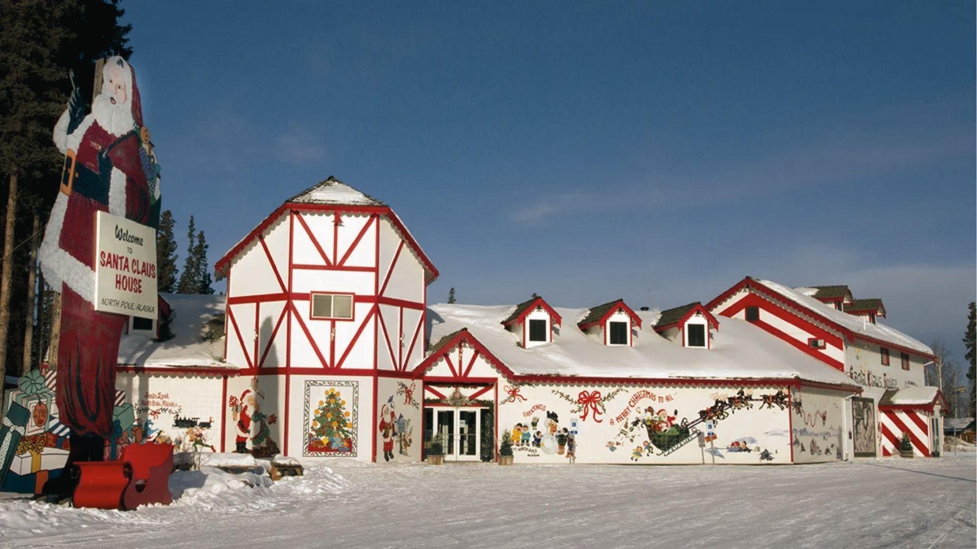 Santa Claus House in North Pole, Alaska covered in snow. Ultimate December holiday destination.