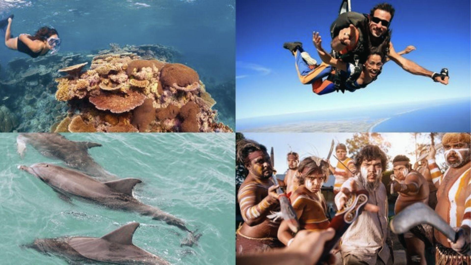Snorkel reefs, skydive beaches, swim with dolphins, and meet Aboriginal culture in Australia.
