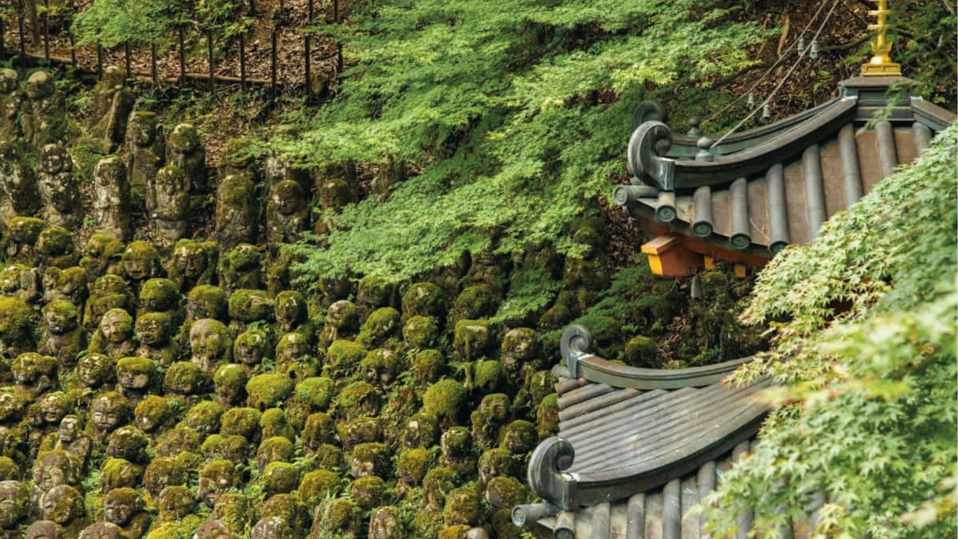 See moss-covered rakan statues at Otagi Nenbutsu-ji, find quirky art on Kyoto's hidden trails.