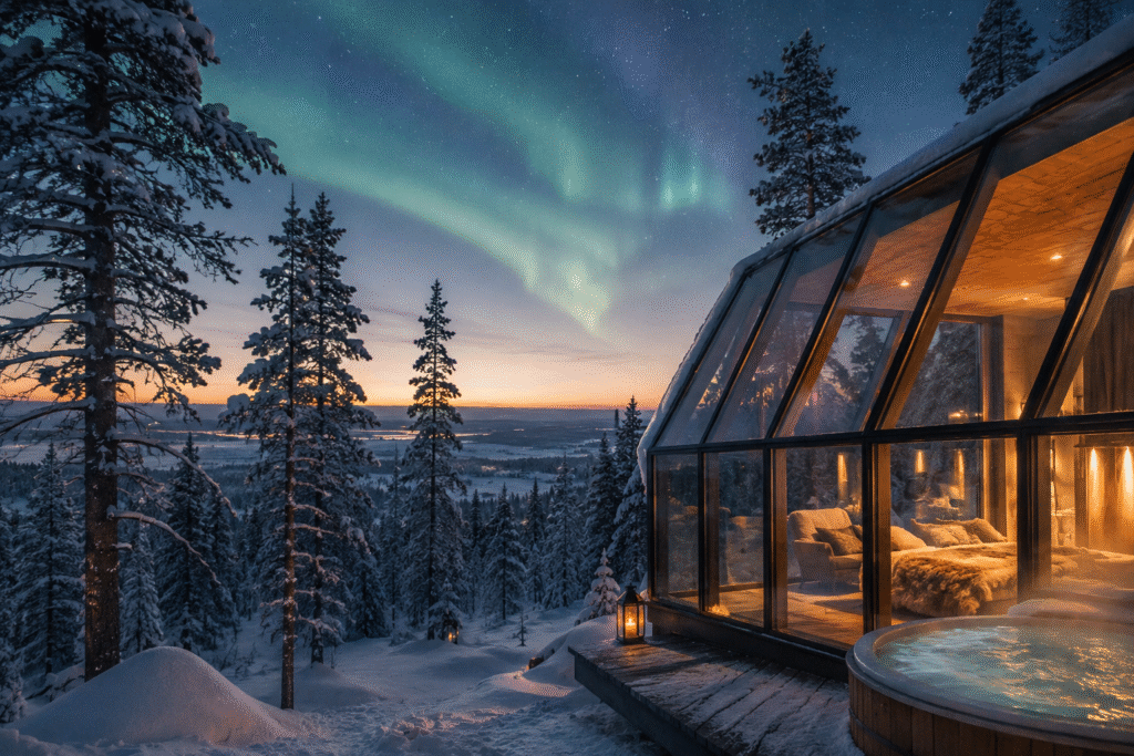 A cozy glass cabin in snowy forest, glowing warmly at dusk. Northern lights illuminate the night sky above, while a hot tub steams in the foreground.