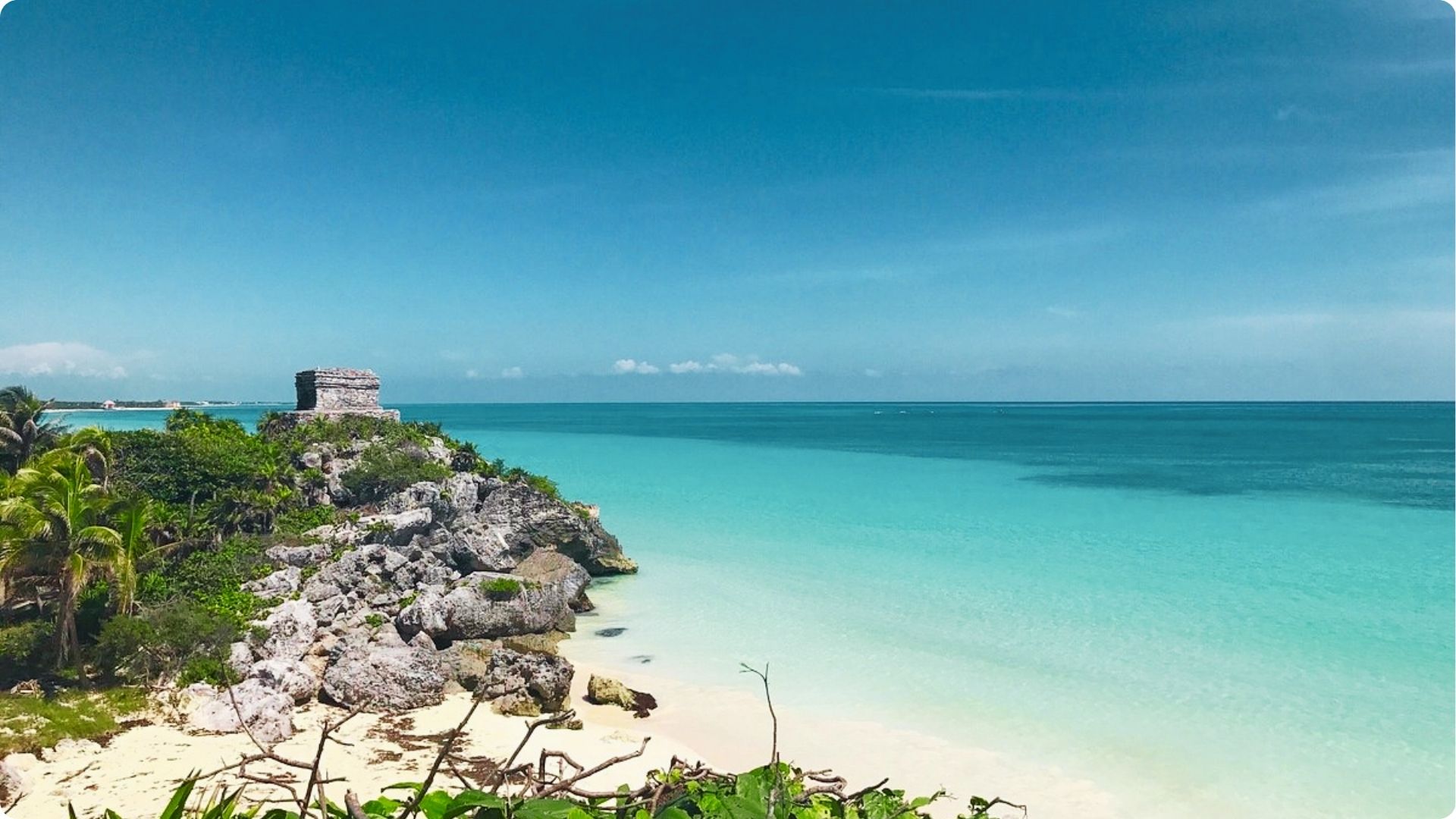 Rows of white loungers and palm trees line a curved stretch of powdery white sand.