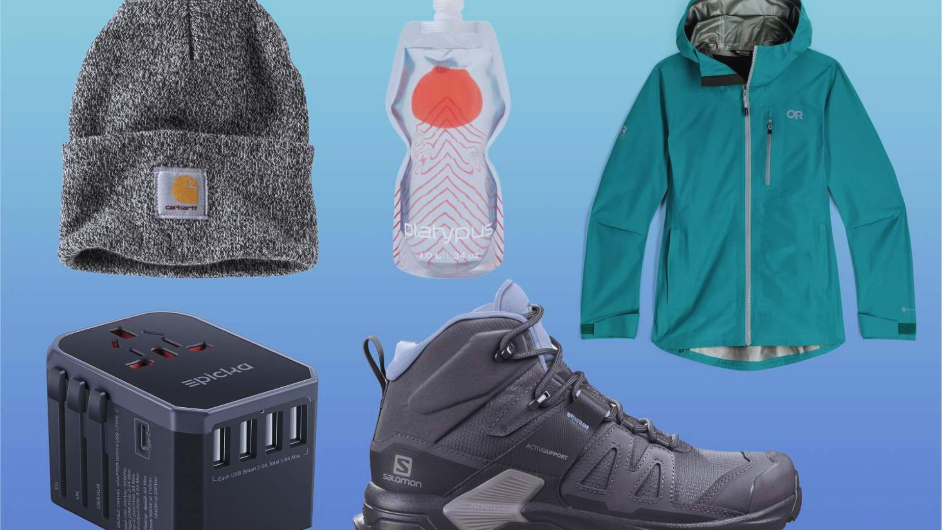 Flat lay of key Iceland gear: Carhartt beanie, Platypus water bottle, Outdoor Research rain jacket, Epicka adapter, Salomon hiking boots.