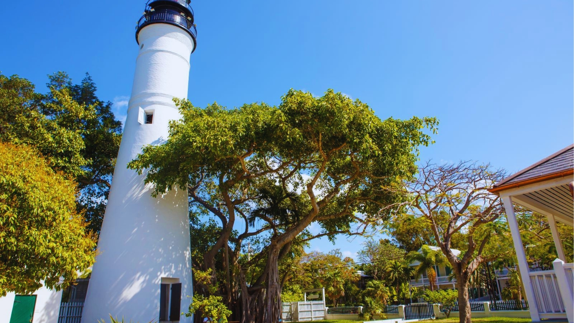 Historic white Key West Lighthouse surrounded by lush green trees and keeper's quarters under clear blue sky.