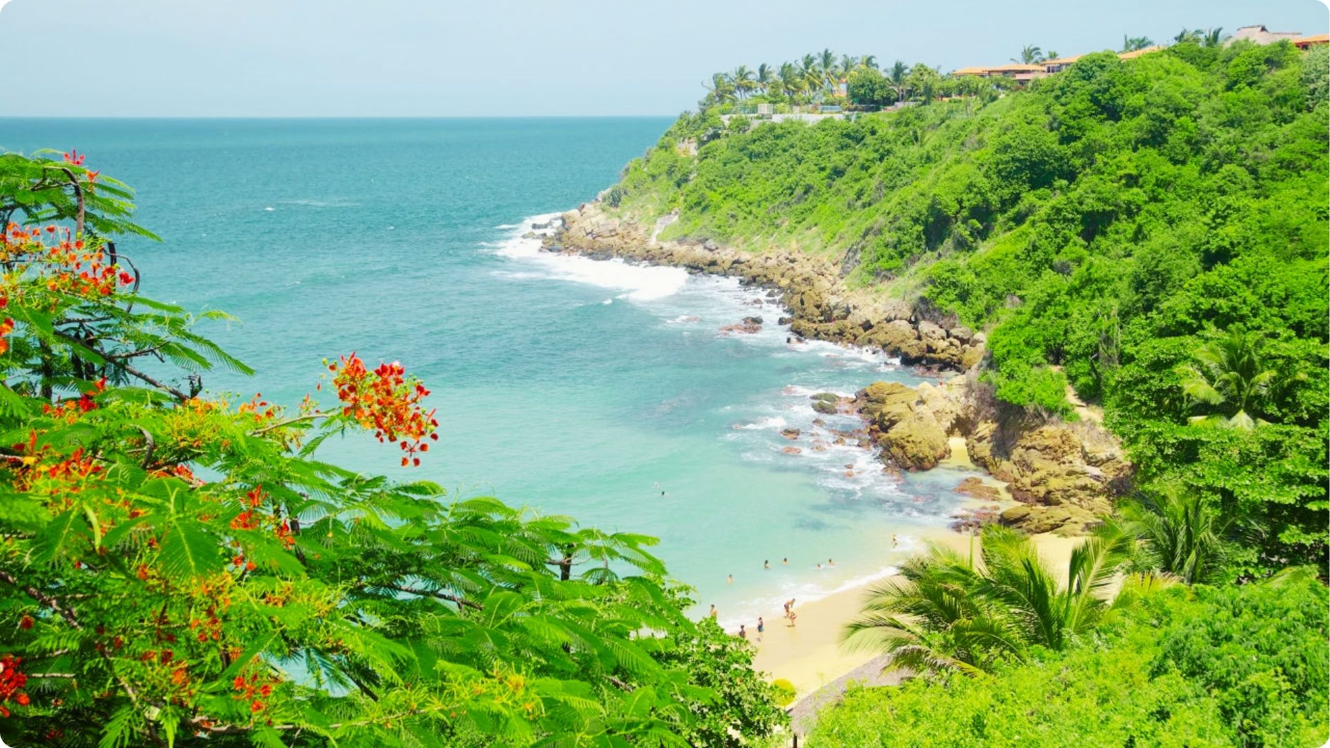 A hidden cove with golden sand is framed by vibrant green cliffs and red flowering trees.