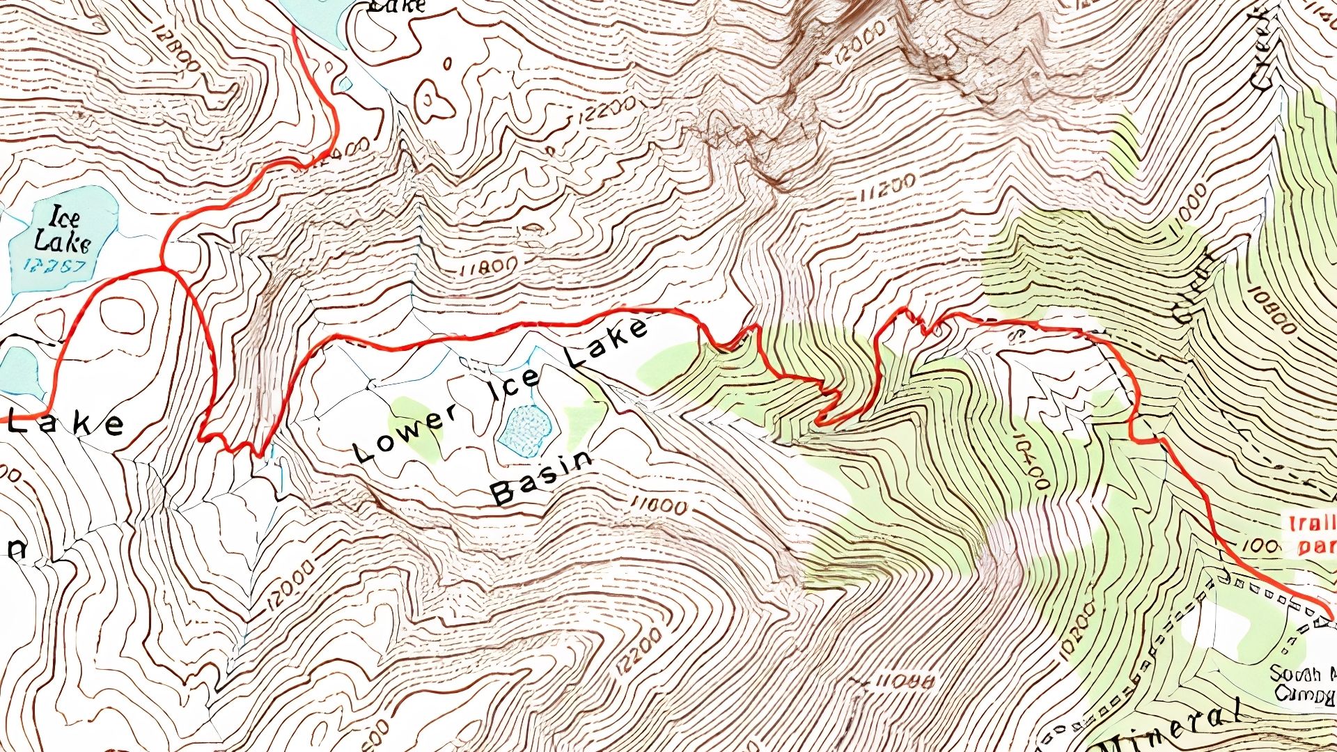 Topographic trail map showing Ice Lake Colorado route marked in red through Lower Ice Lake Basin with elevation contours.