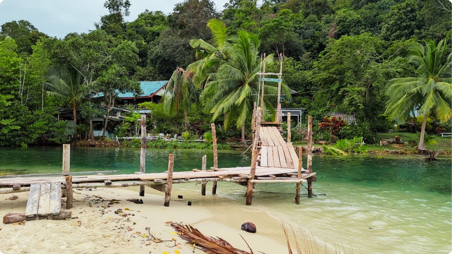 A weathered wooden pier extends over calm, jade-green water toward a palm-fringed island shore.