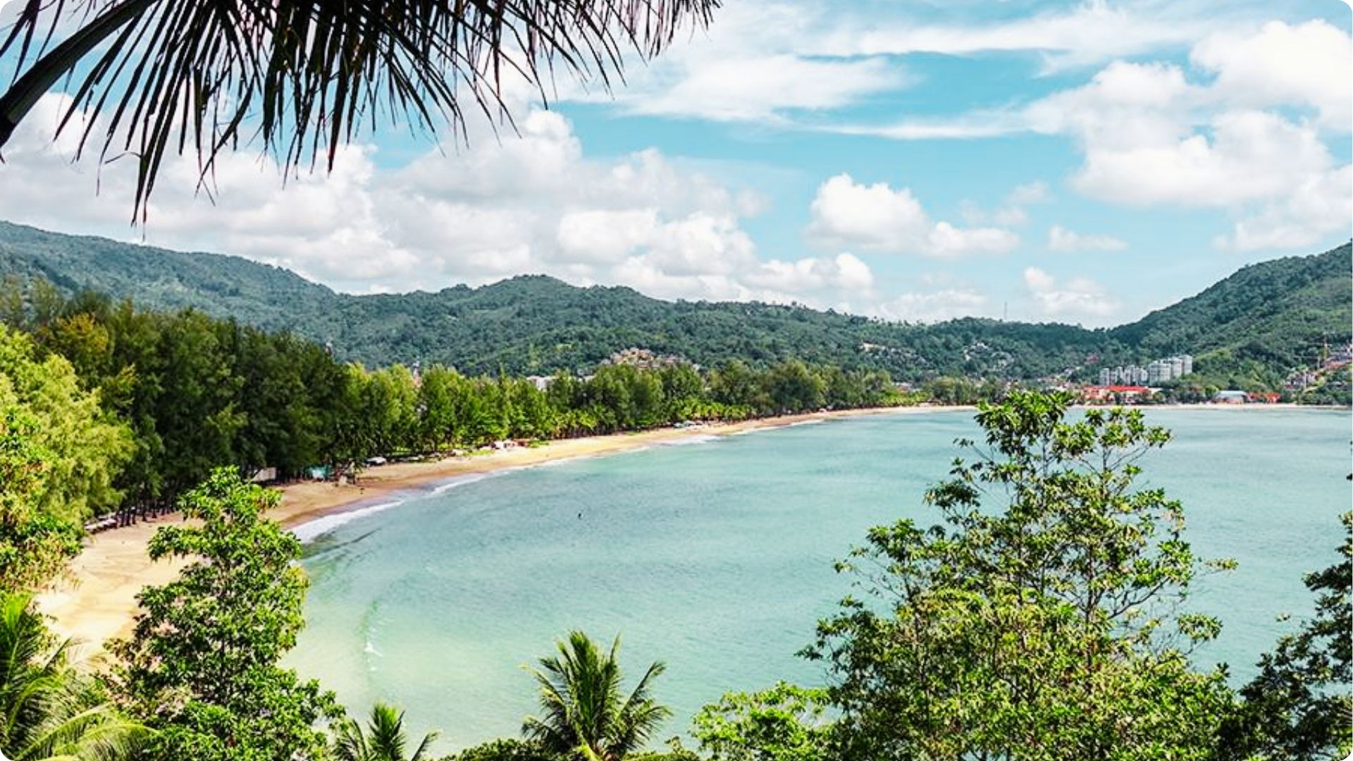 A sweeping curved bay with turquoise water framed by palm fronds and forested hills
