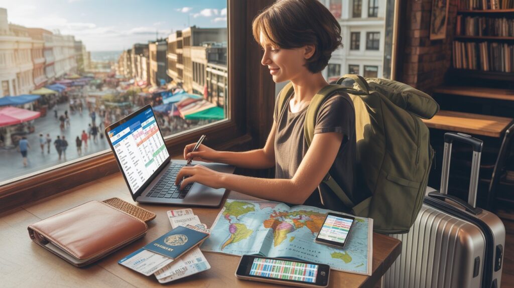 Wanderlust With a Plan: How Young Explorers Are Making Long-Term International Travel Actually Affordable A woman with a backpack is seated at a table, working on a laptop and examining a map.