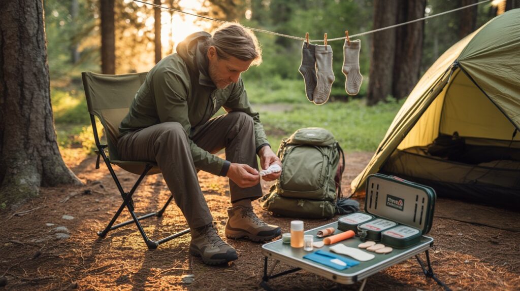 6 Smart Foot Care Tips Every Camper Should Know Before Their Next Trip A man sits in front of a tent, surrounded by a backpack and gear, enjoying the outdoors.