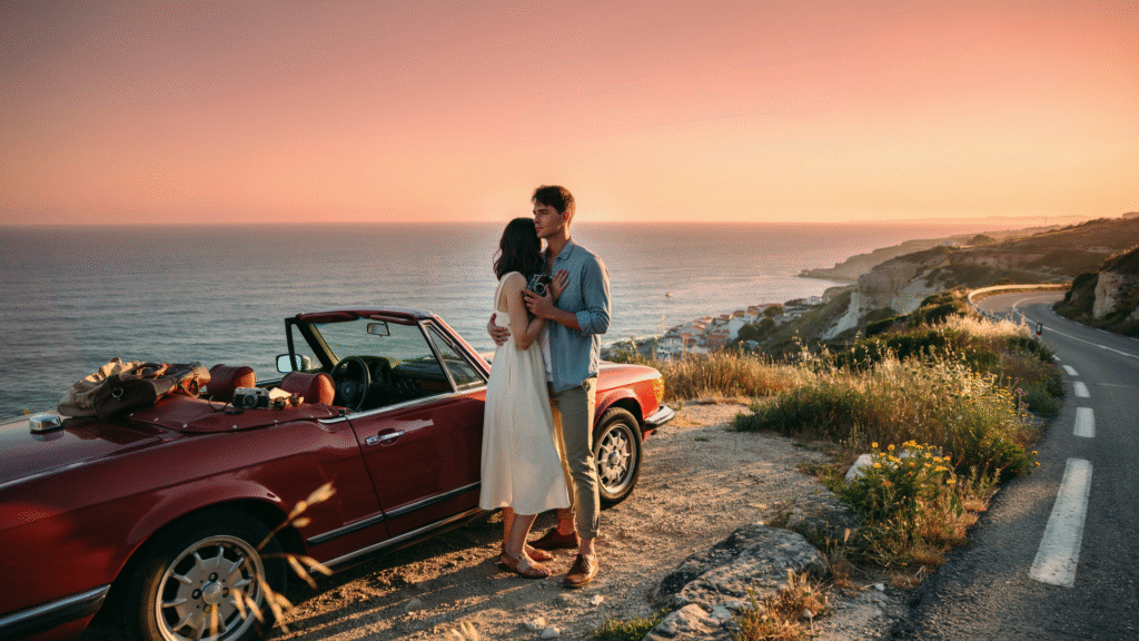 Best Romantic Summer Road Trips for Couples Who Love Adventure and Sunsets Couple kissing on a quiet road during a vibrant sunset, with warm colors illuminating the scene.