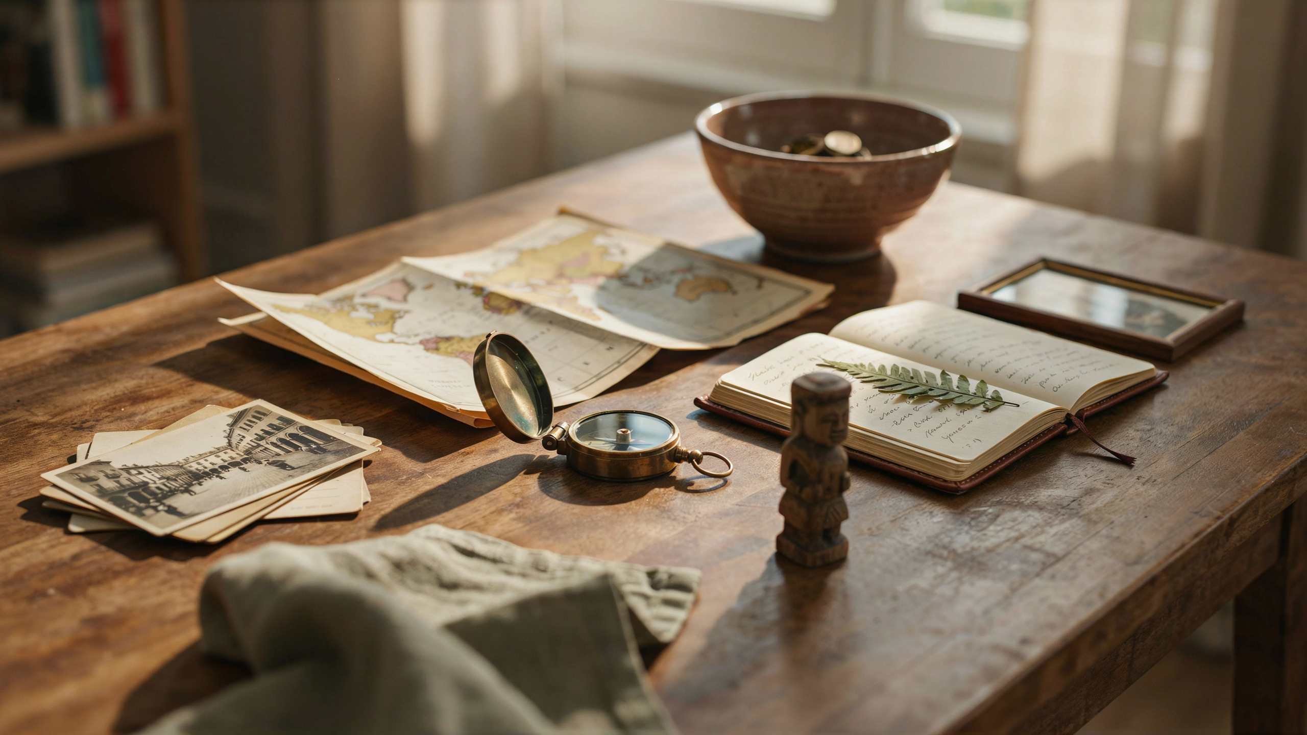 An old wooden table displaying a vintage map, a compass, and various travel-related items scattered across its surface.