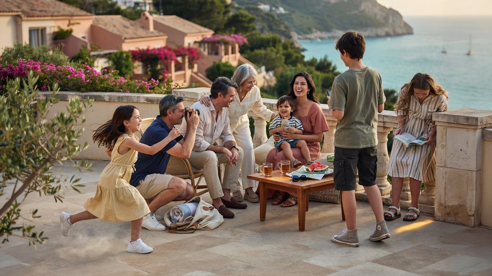 How to Plan a Multi-Generational Trip That Works for Every Age A family shares a meal on a terrace, enjoying the ocean view and each other's company under a clear blue sky.